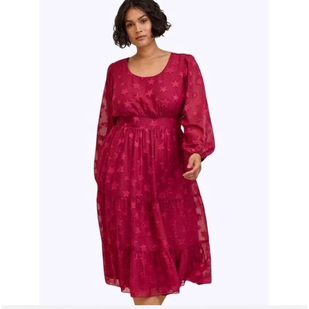 Torrid Magenta Pink Star Fil Coupe Tiered Midi Dress Clip Dot Plus Size 3 3X